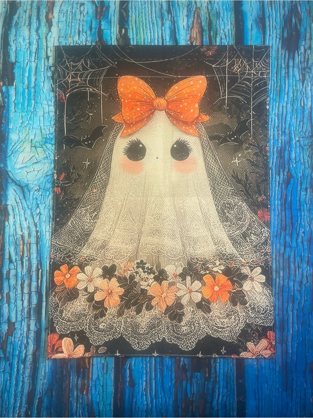 Cream Ghost Harden Flag with Orange Floral Bow - Holiday Décor